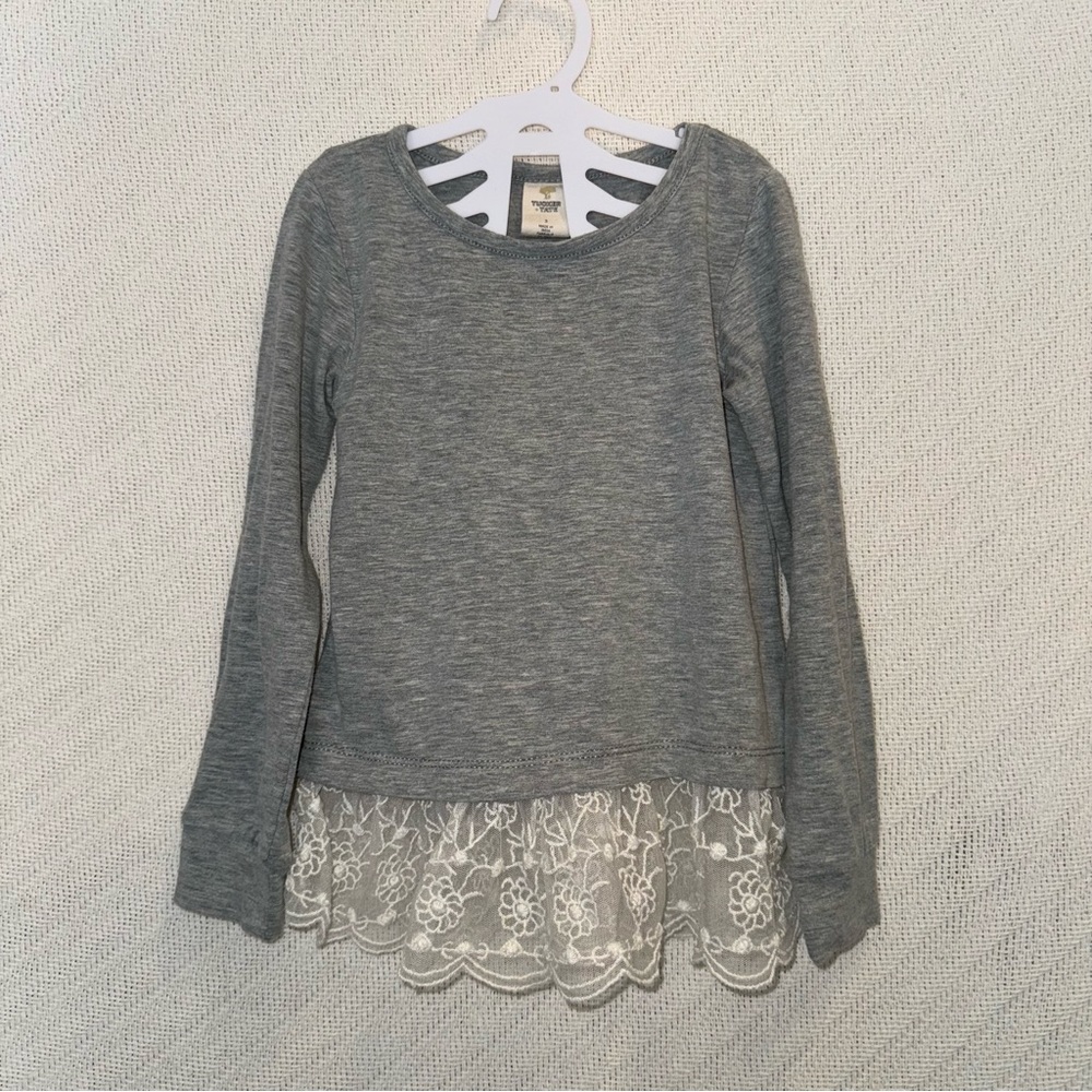 TUCKER + TATE Little Girls Long Sleeve Heather Gray Shirt w Lace Edging Size 3